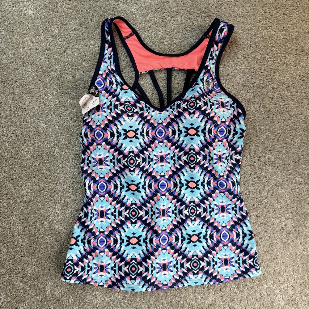 ZeroXposur Tankini Swim Top Womens 8 Blue Geometric Racerback Lined